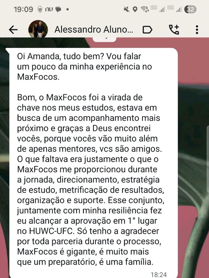 Depoimento de aluno aprovado em 1º lugar no HUWC-UFC sobre o MaxFocos no WhatsApp